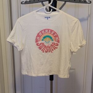 Hurley White Crop Top with Colorful Graphic SZ small NWOT